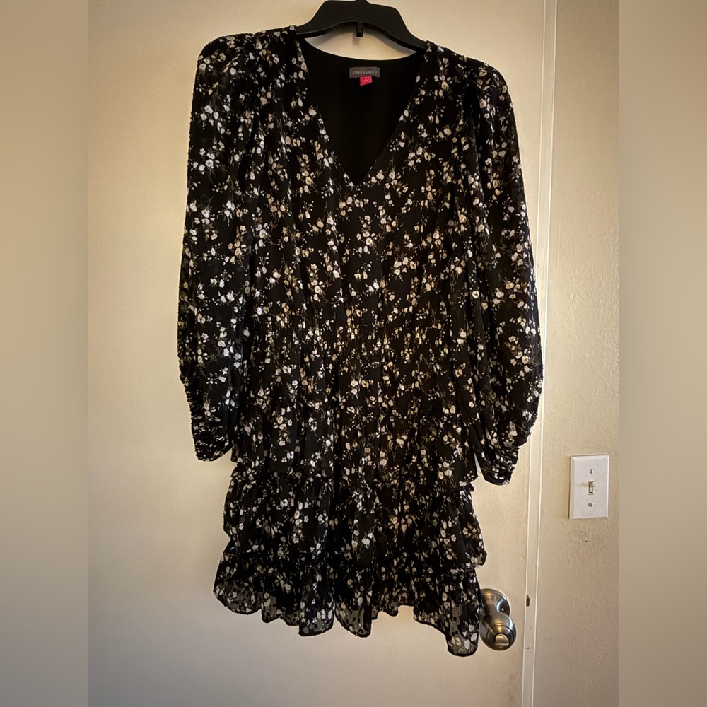 Vince Camuto Black Floral Tiered Fit & Flare Dress